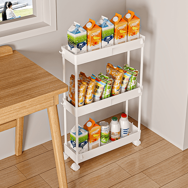 3-Tier Slim Rolling Storage Cart with Narrow Space-Saving & Heavy-Duty Plastic Shelving Unit - Mobile Utility Cart Suitable for Kitchen, Bathroom, Laundry Room, Office - Assembly, No Metal Parts, Lightweight Shelving Unit, Standing Shelf