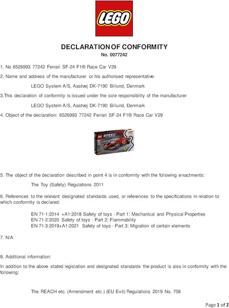 LEGO Speed Champions Ferrari SF-24 F1 Race Car Toy - Model Kit W/A Formula 1 Driver Minifigure - Gift for 10+ Year Old Boys, Girls & Adult Motorsport Fans - Christmas Treat - 77242