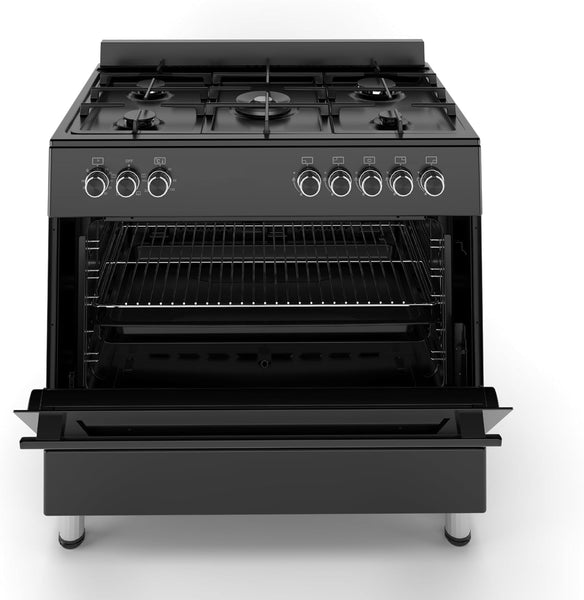 HYE Freestanding Gas Cooker 90Cm with Large Single Electric Oven, 5 Gas Burners, Timer, Child Lock, Accessories, Digital Controls, Adjustable Alarm & Modern Black Finish – C01FS90G17 [2025]