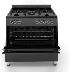 HYE Freestanding Gas Cooker 90Cm with Large Single Electric Oven, 5 Gas Burners, Timer, Child Lock, Accessories, Digital Controls, Adjustable Alarm & Modern Black Finish – C01FS90G17 [2025]
