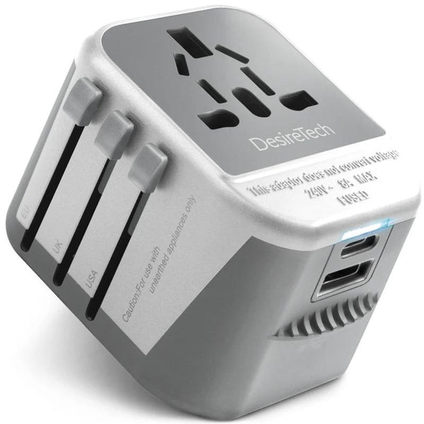 Desiretech Travel Adaptor 4-in-1 Universal Plug Adapter with USB-A, USB-C, Phone Docking - Compact UK to World Adaptor, Double Fuse Protection - Perfect for Europe, USA, Asia & Beyond
