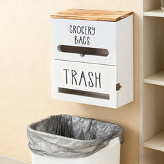 White/Black Two-Tier Wooden Trash Bag Storage Box Trash Bag Holder, Kitchen Plastic Wrap & Bag Organizer with Lid, Large Capacity Hanging Storage Container, Household Storage Accessories