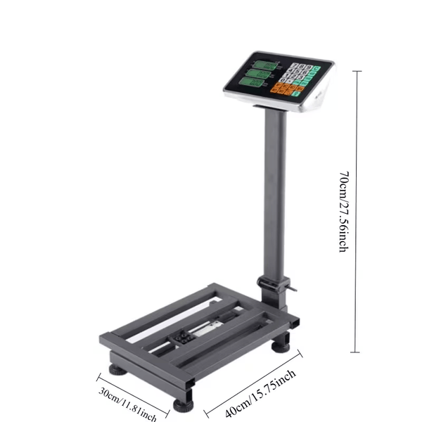 Maximum load-bearing capacity of 100kg, high-precision platform scale, durable dark gray stainless steel material, 40 x 30 x 70. The large scale surface can store unit price memory and accumulate 50g division values. It can store 5 unit prices and 99 cumu