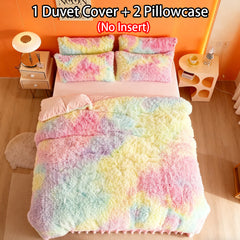 Plush Tie Dye Bedding 3pcs - Faux Fur Tie Dye Duvet Cover, Nordic Colorful Design & Zipper Closure, Plush Warm Bedding Set for Autumn and Winter, Suitable for Bedroom, Valentine's Day Easter Home Gift (Pillowcase Included, Duvet Insert Not Included)