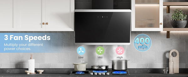Midea COMFEE' 60cm Angled Cooker Hood Energy Class A++ - Tempered Glass Extractor Hood with Touch Screen, LED Lights, Recirculating & Ducting System, Wall-Mounted Black Kitchen Fan, A Must-Have for Every Home Kitchen