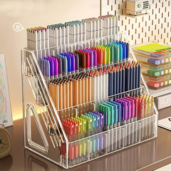 1pc LDQ Large Capacity Acrylic Pen Holder Organizer with Multi-Compartment Storage - Heavy-Duty Plastic Desk Organizer with Compartments for Pencils, Markers, Brushes, School Supplies, Office & Home - Space-Saving Modern Pen