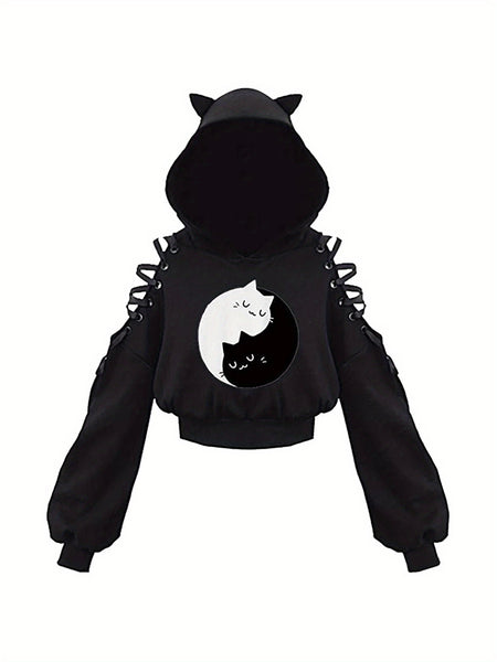 Womens Fashion Printing Sweatshirt Casual Bandage Long Sleeve Exposed Navel Hooded T-shirt