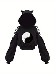 Womens Fashion Printing Sweatshirt Casual Bandage Long Sleeve Exposed Navel Hooded T-shirt