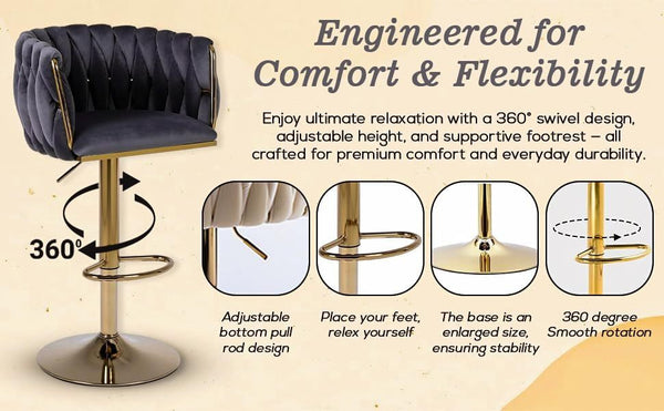 Set of 2 x Velvet Woven Upholstered Adjustable High Swivel Breakfast Bar Pub Home Stool Chair With Gold Metal base & Gas Lift (Cream/Gold)
