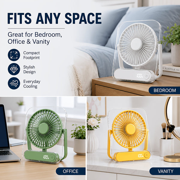 Mini Portable USB Fan Desktop Fan Rechargeable, Ultra-Quiet 5-Speed Adjustment Foldable 180 Degree Adjustable with LED Display for Office, Home, Outdoor, Camping And Travel