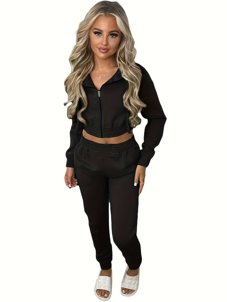 Women'S Fleece Hoodie Hooded Crop Top And Leisure Set