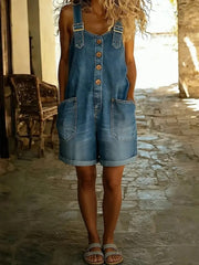 Women'S Denim Overall Shorts Retro Workwear Style Casual Jumpsuit Adjustable Strap Overalls Large Pocket Design Summer Versatile Temperament Pants