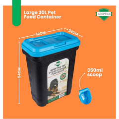 ADEPTNA Large 30L Pet Food Storage Container with Flip Top Locking System and Integrated Scoop – Airtight Dry Food Dispenser Bin for Dogs, Cats, and Birds