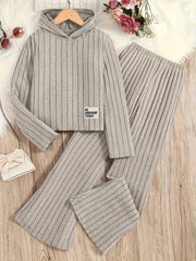 A Set of Women's Ribbed Letter Applique Hoodie and Flared Pants