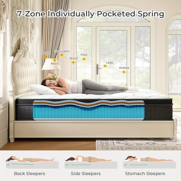 10-Inch Hybrid Pocket Spring Mattress Designed for Pressure Relief And Motion Isolation, Medium-Firm, Delivered in a Box.