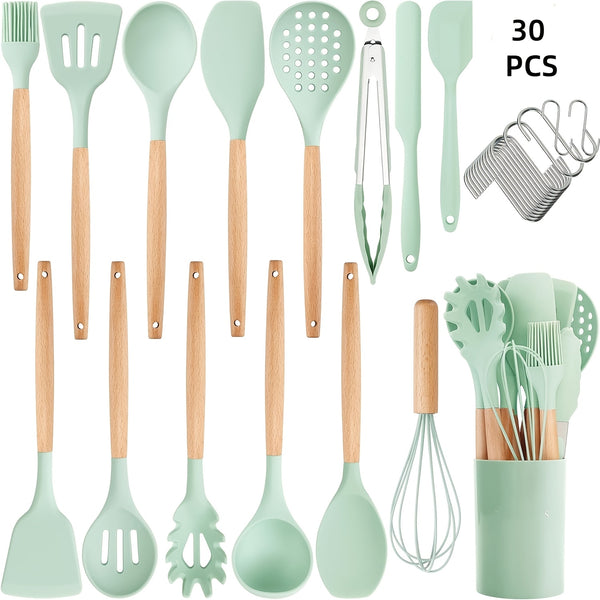12pcs/22pcs/30pcs/37pcs, Kitchen Utensils Set, Kitchen Cooking Utensils Set, Spoon, Spatula, 446F Heat Resistant Non Stick Food Grade Silicone And Wooden Handles, Measuring Cups And Spoons, S Hooks