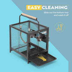 VIVOHOME 48 Cm Wrought Iron Bird Travel Carrier Cage with Handle Bird Transport Cage with Wooden Perch Portable Parrot Cage with Pullable Tray for Parrots Conures Lovebird Cockatiel Parakeets