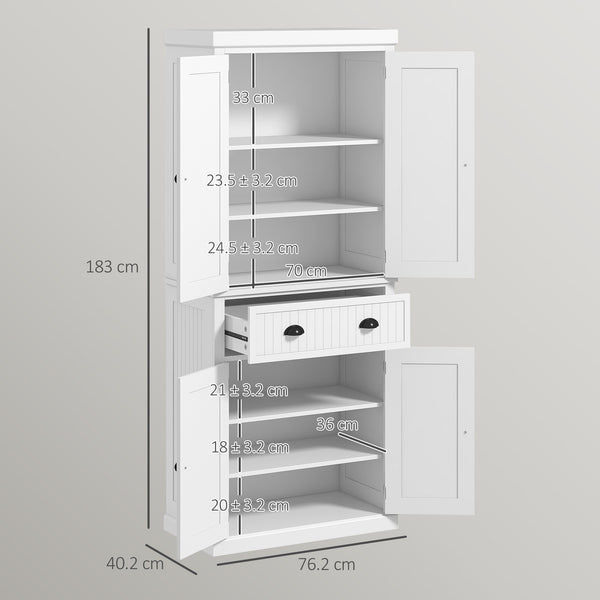 183 cm Tall Kitchen Cabinet, Freestanding Storage Cabinet with 4 Doors, Drawer and Adjustable Shelves, Kitchen Cupboard for Dining Room, White