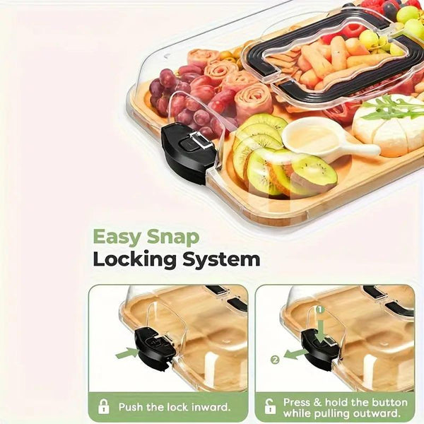 1-Piece Bamboo Cheese Tray with Transparent Acrylic Lid - Portable Charcuterie Board for Camping, Parties, Restaurants. Ideal for serving holiday appetizers, deli meats, and snacks. Reversible as a cutting board, with a secure snap-on lid to keep food fre