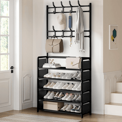 1pc Black Coat Rack Shoe Storage 5 Tiers Metal Stand 8 Hooks Shelves 80Cm Widened for Living Room Bathroom Hallway Office Xmas Gift