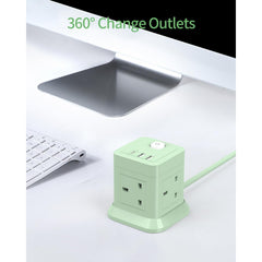 Cube Extension Lead with USB Slots, BEVA 4 Way Multi Plug Power Strip with 3 USB Ports (5V/2.4A), Desktop Power Extension Socket with 1.49m Extension Cords for Home Dorm Office Travel-Green