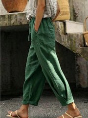 Women's Drawstring Waist Linen-Look Pants, Loose Casual Cropped Trousers with Pockets, Lightweight Summer Pants