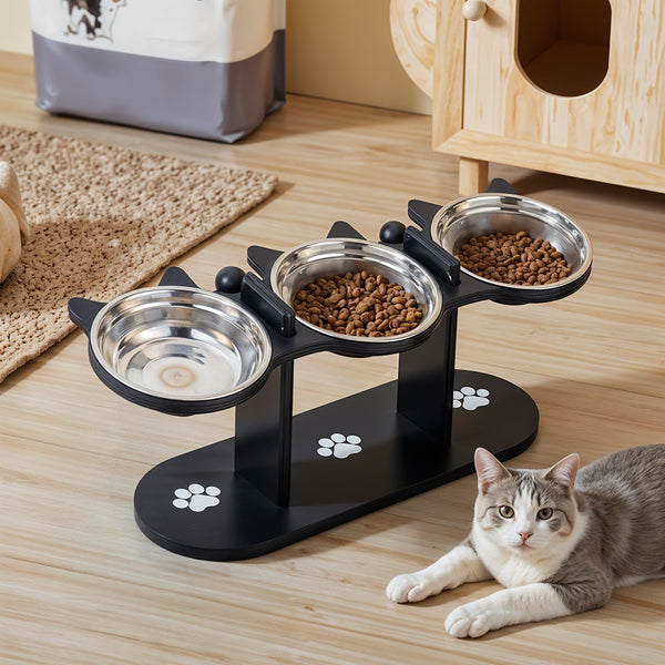 Indoor Raised Feeding Bowl Set for Cats and Dogs Pet Feeding Station with 3 Bowls and Tilted Design for Comfortable Eating Experience 32x13x15cm