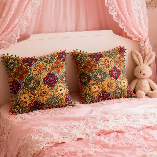 18x18 Inch Reversible Turkish Pattern Pillows (Set of 2 with Inserts) - Romantic Turkey Boho Floral Double Sided Design, Premium Polyester Cover & Fill, Decorative Accent Pillows for Sofa, Chair, Bedroom