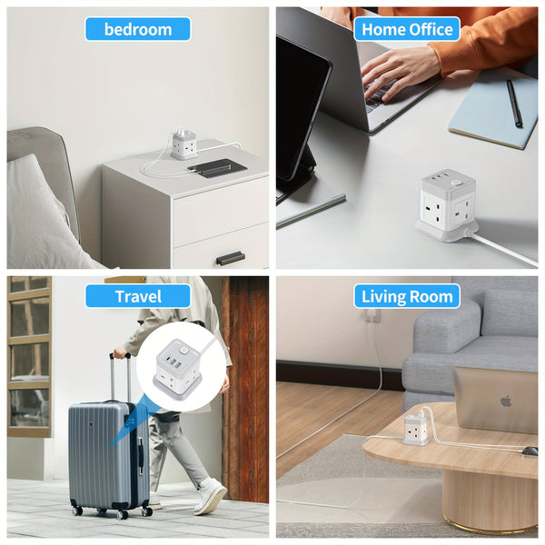 Extension Lead Cube with USB, BEVA 4 Way Power Strip with 3 USB Ports, Desktop Power Extension Socket with 1.5M Extension Cable Cords for Home Dorm Office Travel-WHITE
