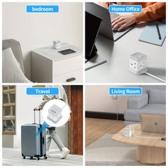 Extension Lead Cube with USB, BEVA 4 Way Power Strip with 3 USB Ports, Desktop Power Extension Socket with 1.5M Extension Cable Cords for Home Dorm Office Travel-WHITE