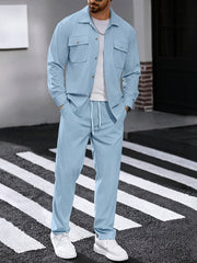 Men's 2pcs Casual Suit, 2-Pocket Shirt and Pants Set for Spring/Autumn, Suitable for Work and Leisure Sports