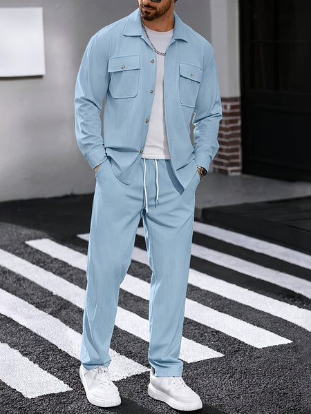 Men's 2pcs Casual Suit, 2-Pocket Shirt and Pants Set for Spring/Autumn, Suitable for Work and Leisure Sports