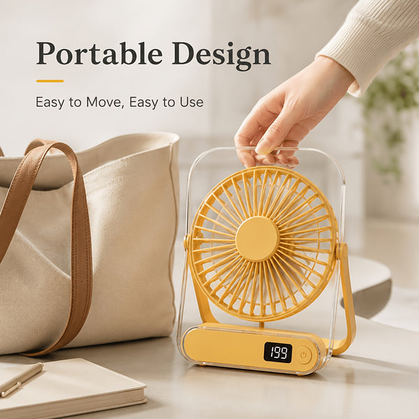 Ultra-Quiet USB Rechargeable Desk Fan with 5000Mah Battery 5 Speeds, Foldable 180° Design, Digital Power Display, Portable And Lightweight, Ideal for Home, Office, Travel, Road Trips, Outdoor Activities Strong, Refreshing Breeze Anytime