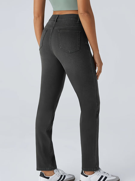 [Stretch High Waist Jeans] Stretch High Waist Multi-Pocket Straight Leg Jeans | Water-Washed Casual Pants, Machine Washable Solid Color Elegant Comfort for Spring/Summer