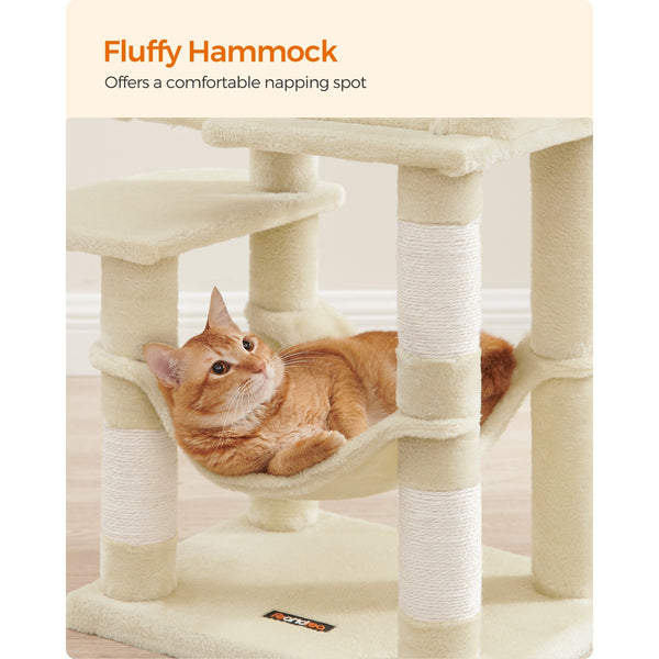 112 cm Cat Tree, Multi-Level Soft Plush Cat Tree, Cat Tower Condo with 4 Cat Scratching Posts, Hammock, Cave, Platform, Toys, Pink/White/Beige/Grey, Easy Assembly and Sturdy, Indoor Cat Furniture