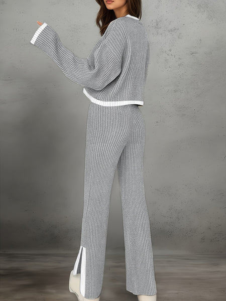 Women'S Short Color-Blocked Long-Sleeve Top with Solid Color Pants, a Casual And Stylish Outfit for Christmas