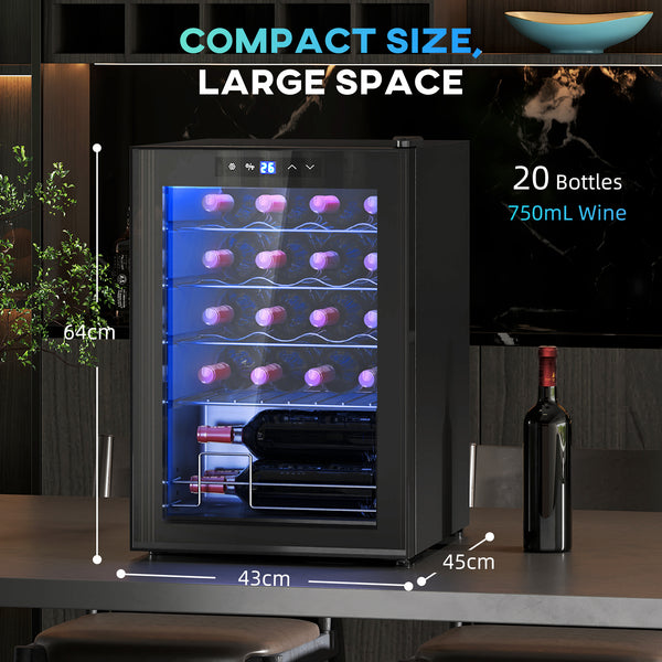 Freestanding Wine Cooler Fridge, 20 Bottle, 53 Litre Capacity, 43cm Quiet Under Counter Compressor Drinks Beer Wine Fridge with Glass Door, LED Light, Digital Touch Screen, Temperature Control