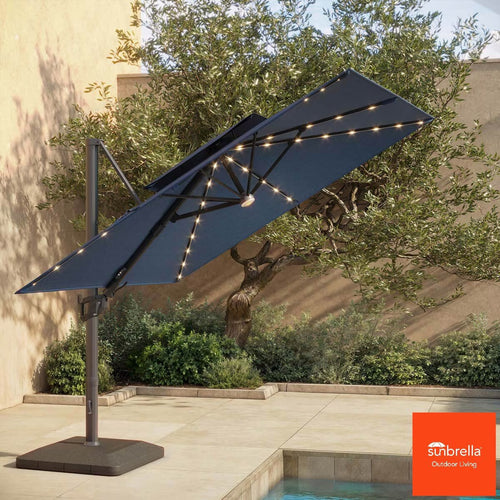 Seasons Sentry 10Ft (3M) 2-Tier Solar LED Square Cantilever Umbrella with Base in Blue