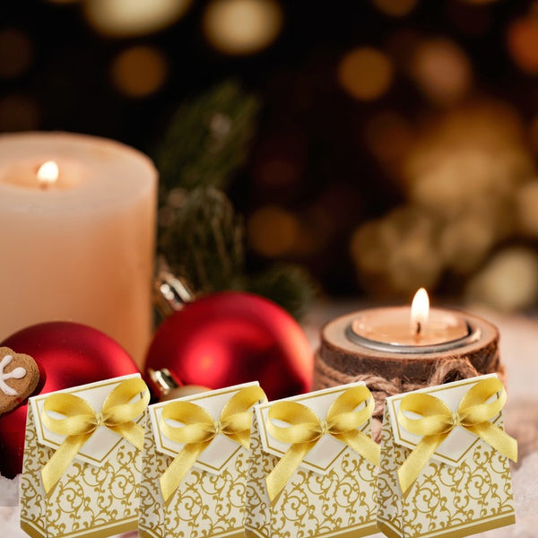 100Pcs Gold Christmas Treat Boxes with Ribbons - Perfect for Holiday Favors, Candy, Gifts, and Party Decorations