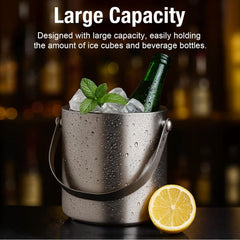 Double-Walled Stainless Steel Ice Bucket with Handle Keeps Cocktails, Beer, Wine Champagne Cold Longer Perfect for Home, Bars, Parties Outdoor Events
