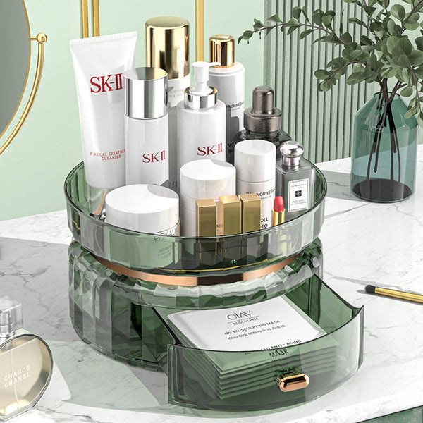 Makeup Organiser for Vanity, 360 Rotating Bathroom Organiser Countertop, High-Capacity Skincare Organiser, Spinning Cosmetics Organiser for Vanity Dresser Bathroom (2 Tiers, Green)