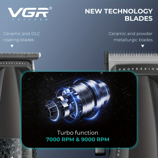 The VGR Men'S Electric Hair Clipper And Trimmer Set Features Interchangeable Ceramic Blades, Operates at High Speeds with 9000 RPM, Includes a Professional Hair Clipper with an LCD Display