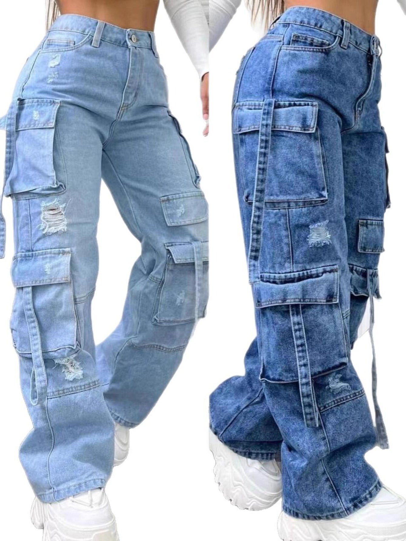 2025 New European And American Fashion Solid Color Versatile Plus-Size High-Waist Multi-Pocket Casual Cargo Jeans