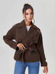 Women's Commuter Notch Lapel Double Breasted Detachable Belt Trench Coat, Elegant Plain Outerwear Jacket