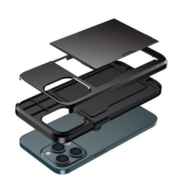Case For iPhone 15 Pro Max 15 Plus 14 Pro 13 12 11 Pro Wallet Card Holder Slide Slot Slim Hard PC Heavy Duty Protective Covers