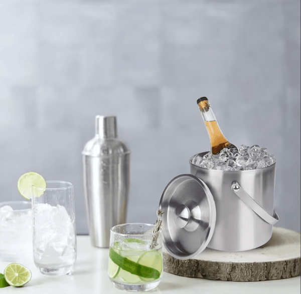 Double-Walled Stainless Steel Ice Bucket with Handle Keeps Cocktails, Beer, Wine Champagne Cold Longer Perfect for Home, Bars, Parties Outdoor Events