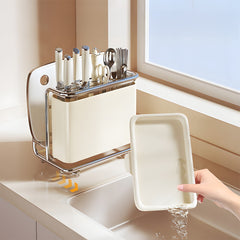 1pc Cream Kitchen Utensil Storage Rack with Drainage Tray, Multifunctional Cutlery Slots for Spoon, Knife, Fork, Shovel, Knives, Chopsticks, Chopping Boards, Pot Lids and More, Durable Structure, Compact Countertop Design, Versatile Kitchen Organizer, Des