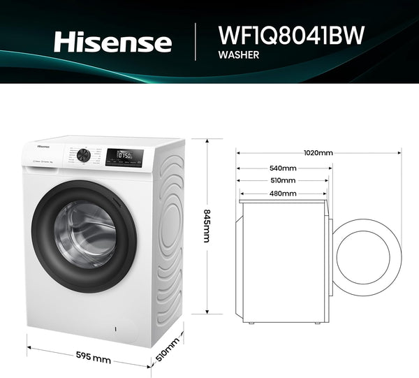 Hisense 1Q Series WF1Q8041BW Freestanding 8 KG Front Load Washing Durable Inverter Machine, Steam Wash, Quick Wash, 15 Washing Programs 1400 RPM White - Energy Rating A