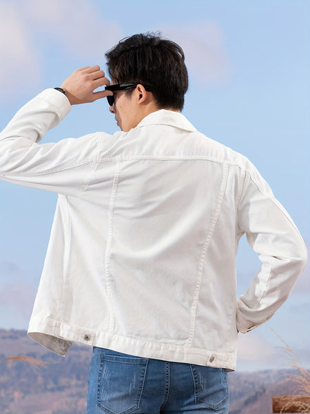 Spring and Autumn Hot Men's Denim Jacket for Teens, High-End Long Sleeve Turn- Collar Casual Coat