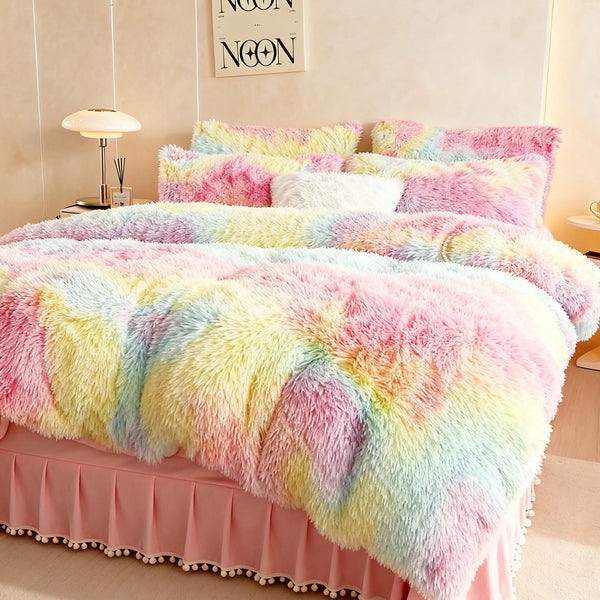 Plush Tie Dye Bedding 3pcs - Faux Fur Tie Dye Duvet Cover, Nordic Colorful Design & Zipper Closure, Plush Warm Bedding Set for Autumn and Winter, Suitable for Bedroom, Valentine's Day Easter Home Gift (Pillowcase Included, Duvet Insert Not Included)